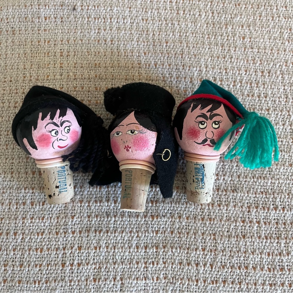 Lot 3 MCM Portugal Wine Corks Hand Painted Heads Faces Novelty Travel